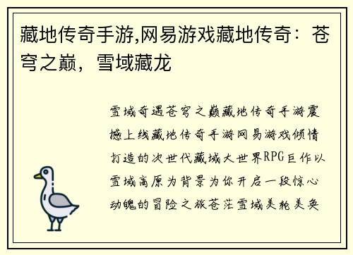 藏地传奇手游,网易游戏藏地传奇：苍穹之巅，雪域藏龙